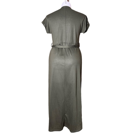 Asymmetrical Olive Green Belted T-Shirt Dress size L - Picture 6 of 15